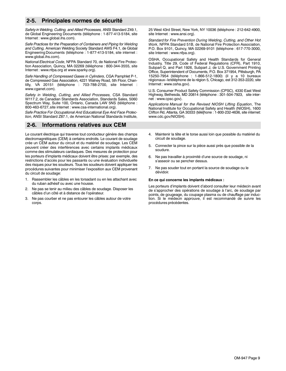 5. principales normes de sécurité, 6. informations relatives aux cem | Hobart Welding Products HANDLER 125 User Manual | Page 13 / 48