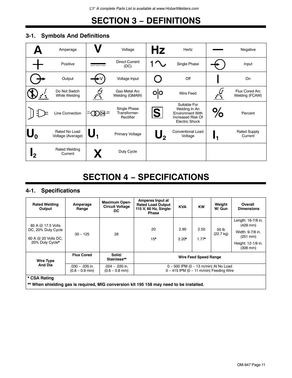 Section 3 − definitions, 1. symbols and definitions, Section 4 − specifications | 1. specifications | Hobart Welding Products HANDLER 125 User Manual | Page 15 / 48