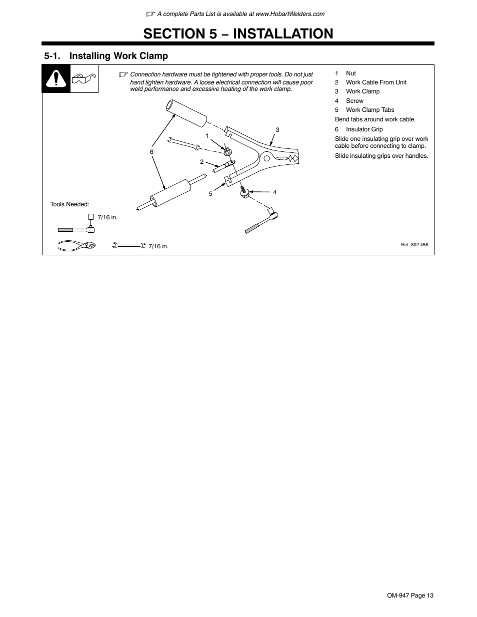Section 5 − installation, 1. installing work clamp | Hobart Welding Products HANDLER 125 User Manual | Page 17 / 48