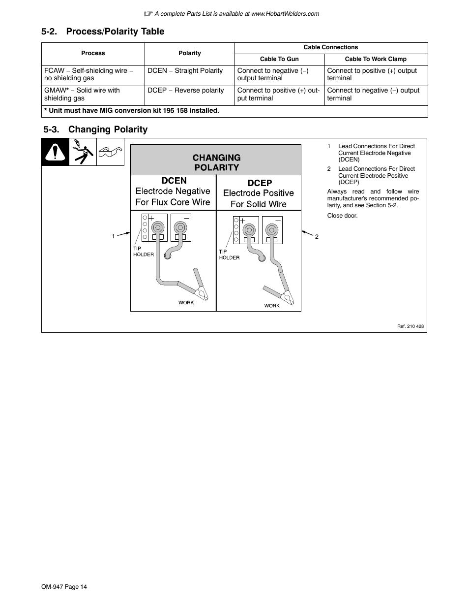 2. process/polarity table, 3. changing polarity | Hobart Welding Products HANDLER 125 User Manual | Page 18 / 48