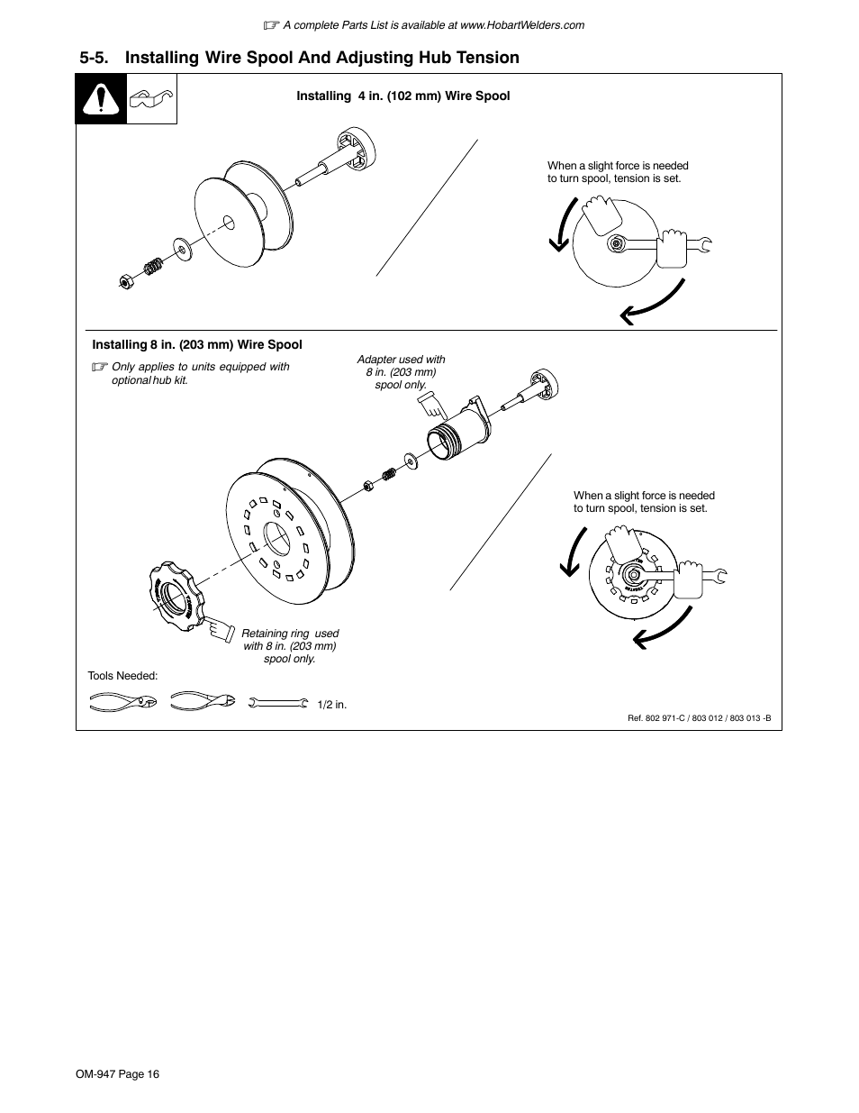 5. installing wire spool and adjusting hub tension | Hobart Welding Products HANDLER 125 User Manual | Page 20 / 48