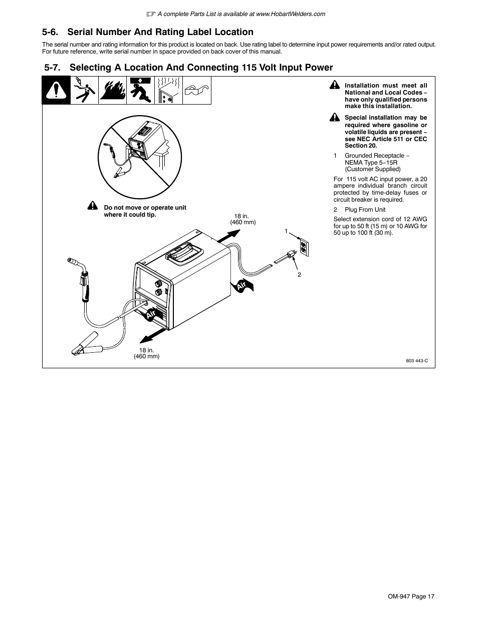 6. serial number and rating label location | Hobart Welding Products HANDLER 125 User Manual | Page 21 / 48