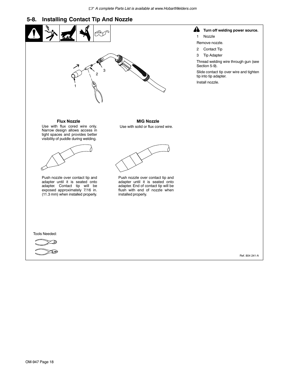 8. installing contact tip and nozzle | Hobart Welding Products HANDLER 125 User Manual | Page 22 / 48