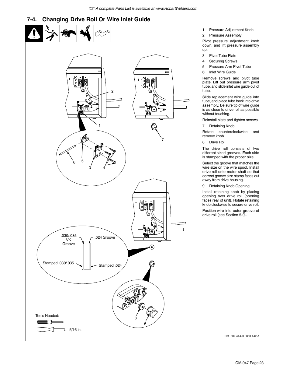 4. changing drive roll or wire inlet guide | Hobart Welding Products HANDLER 125 User Manual | Page 27 / 48