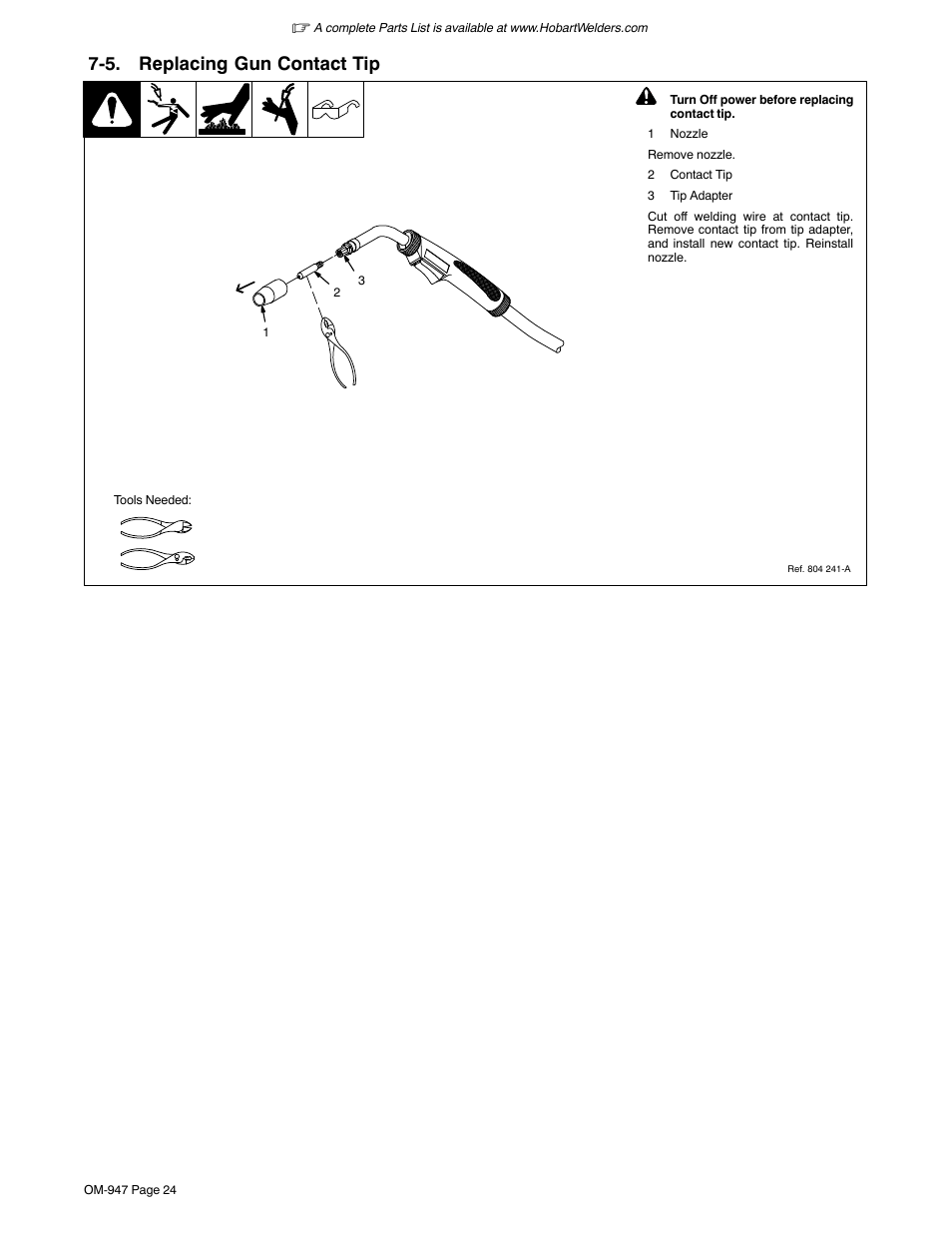 5. replacing gun contact tip | Hobart Welding Products HANDLER 125 User Manual | Page 28 / 48