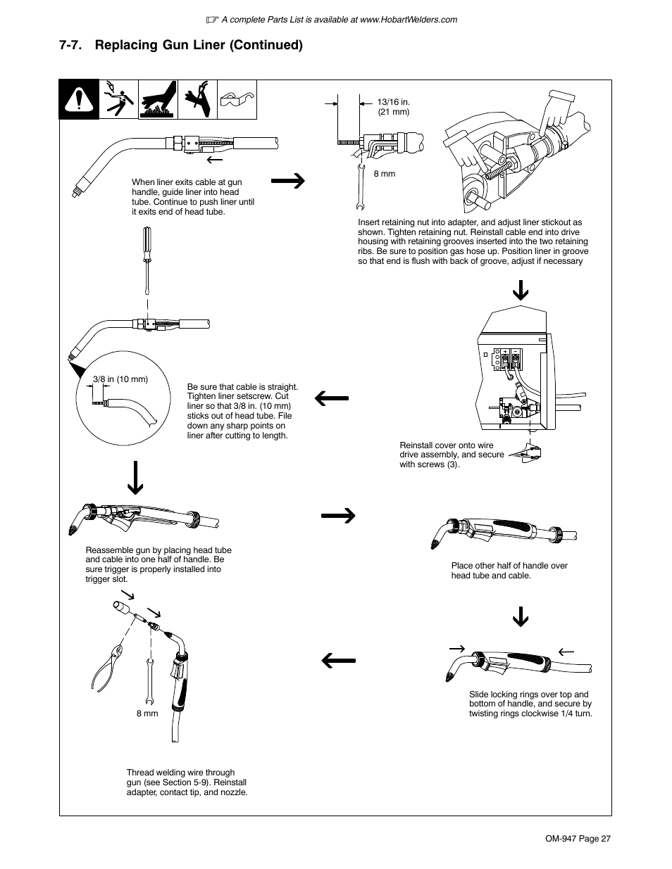 7 . replacing gun liner (continued) | Hobart Welding Products HANDLER 125 User Manual | Page 31 / 48