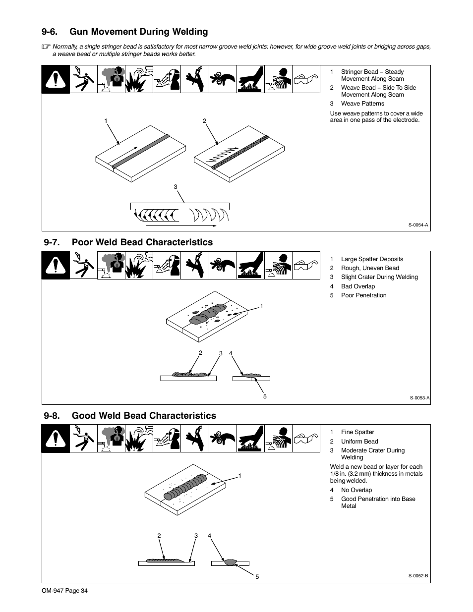 6. gun movement during welding, 7. poor weld bead characteristics, 8. good weld bead characteristics | Hobart Welding Products HANDLER 125 User Manual | Page 38 / 48