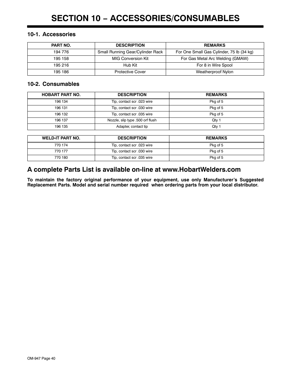 Section 10 − accessories/consumables, 1. accessories, 2. consumables | Hobart Welding Products HANDLER 125 User Manual | Page 44 / 48