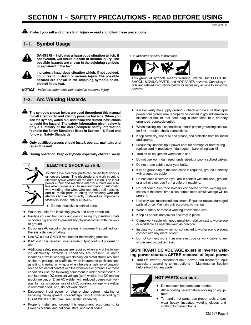 Section 1 − safety precautions - read before using, 1. symbol usage, 2. arc welding hazards | Hobart Welding Products HANDLER 125 User Manual | Page 5 / 48