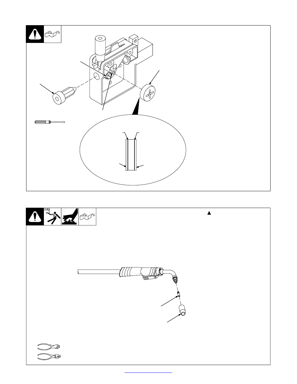 Changing drive roll or wire inlet guide, Replacing gun contact tip, Change to proper groove (see section 7-4) | Replace contact tip if blocked (see section 7-5, Replace gun contact tip (see section 7-5), 4. changing drive roll or wire inlet guide, 5. replacing gun contact tip | Hobart Welding Products TM-944C User Manual | Page 33 / 48