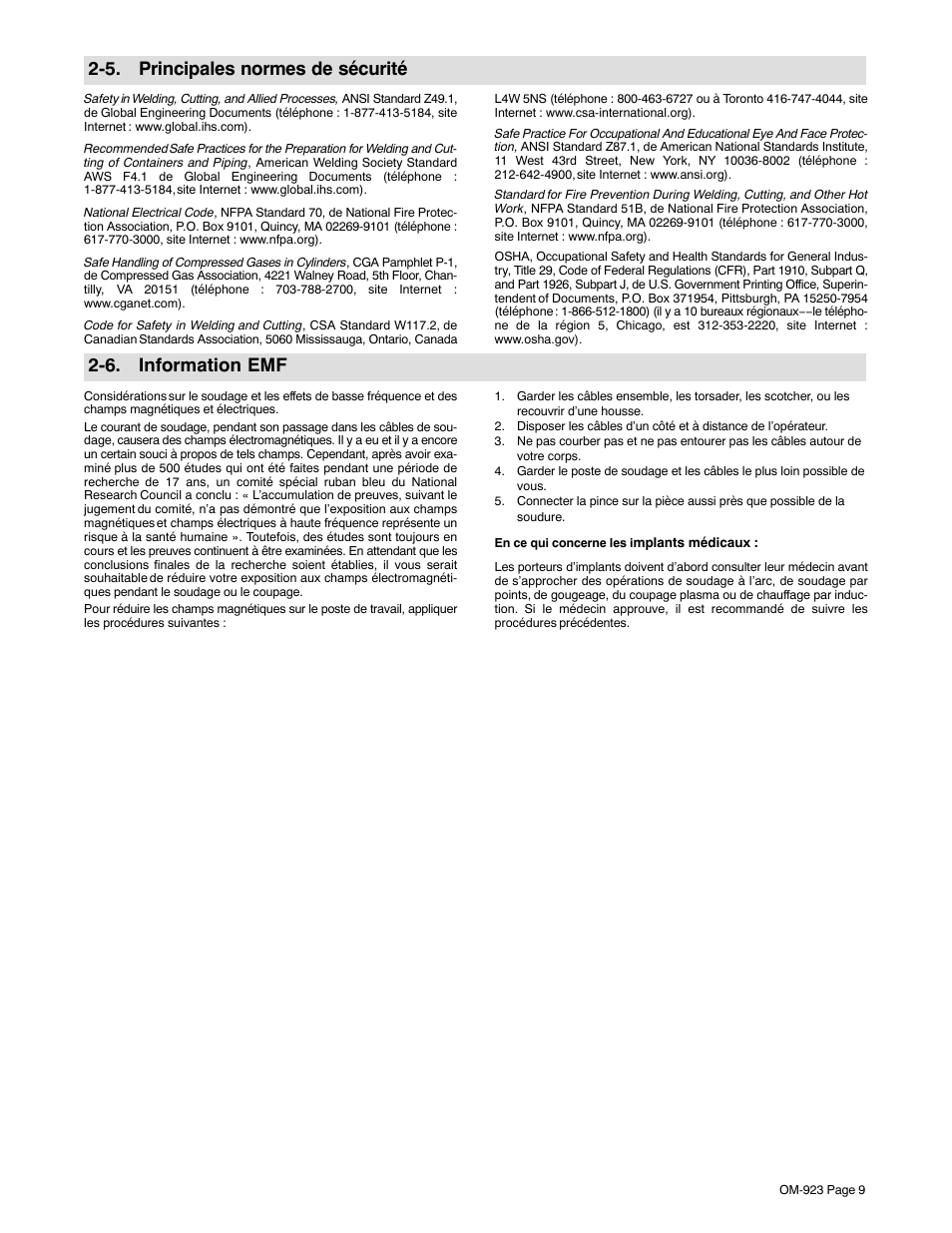 5. principales normes de sécurité, 6. information emf | Hobart Welding Products Handler 125 EZ User Manual | Page 13 / 48