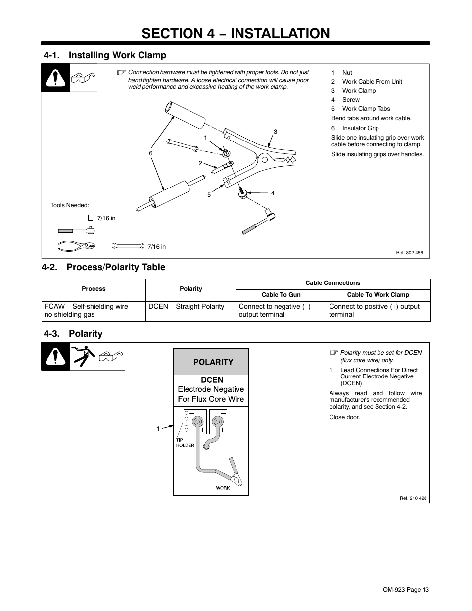 Section 4 − installation, 1. installing work clamp, 2. process/polarity table | 3. polarity | Hobart Welding Products Handler 125 EZ User Manual | Page 17 / 48