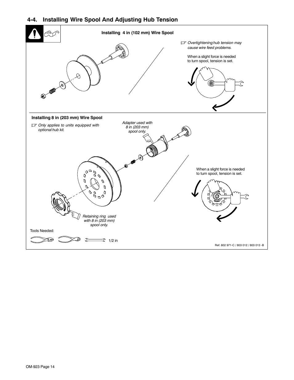 4. installing wire spool and adjusting hub tension | Hobart Welding Products Handler 125 EZ User Manual | Page 18 / 48