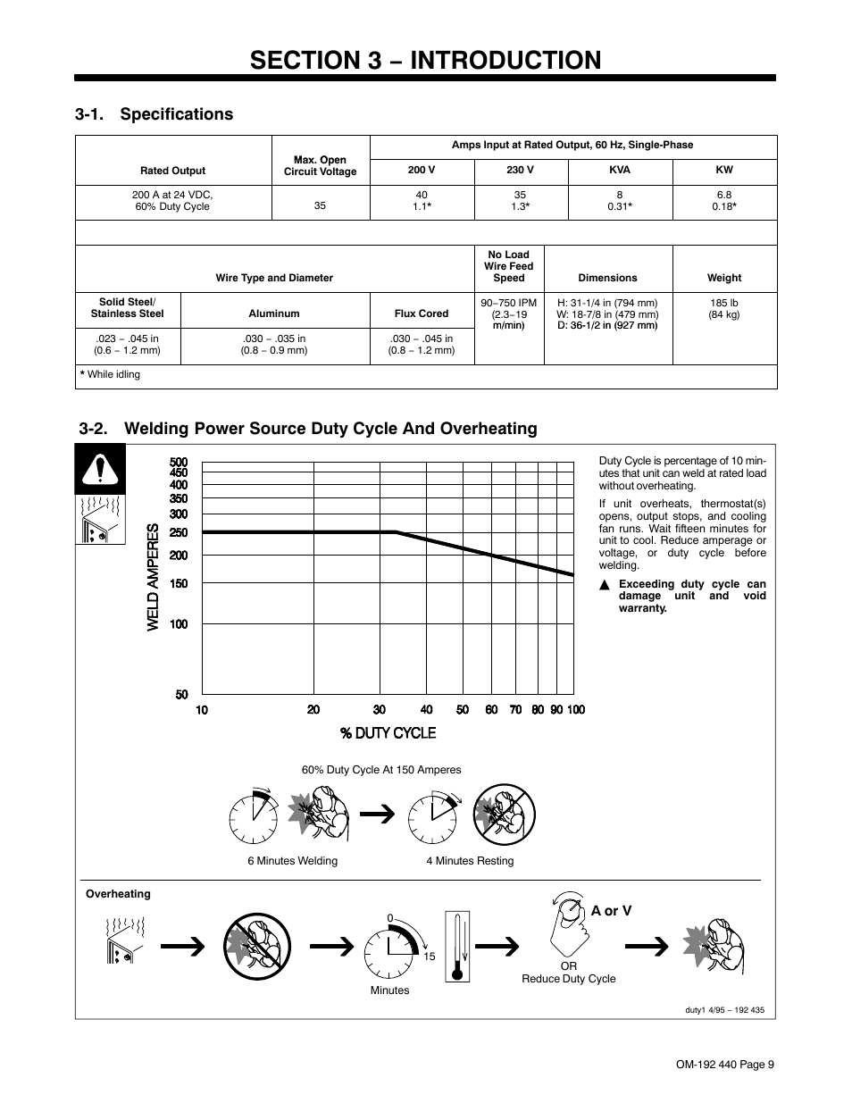 Section 3 − introduction, 1. specifications, 2. welding power source duty cycle and overheating | Hobart Welding Products IRONMAN 250 User Manual | Page 13 / 56