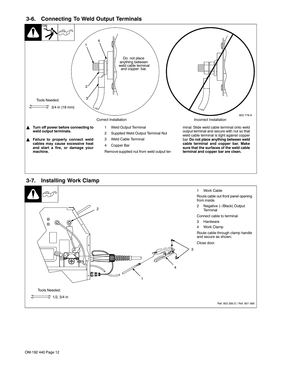 6. connecting to weld output terminals, 7. installing work clamp | Hobart Welding Products IRONMAN 250 User Manual | Page 16 / 56