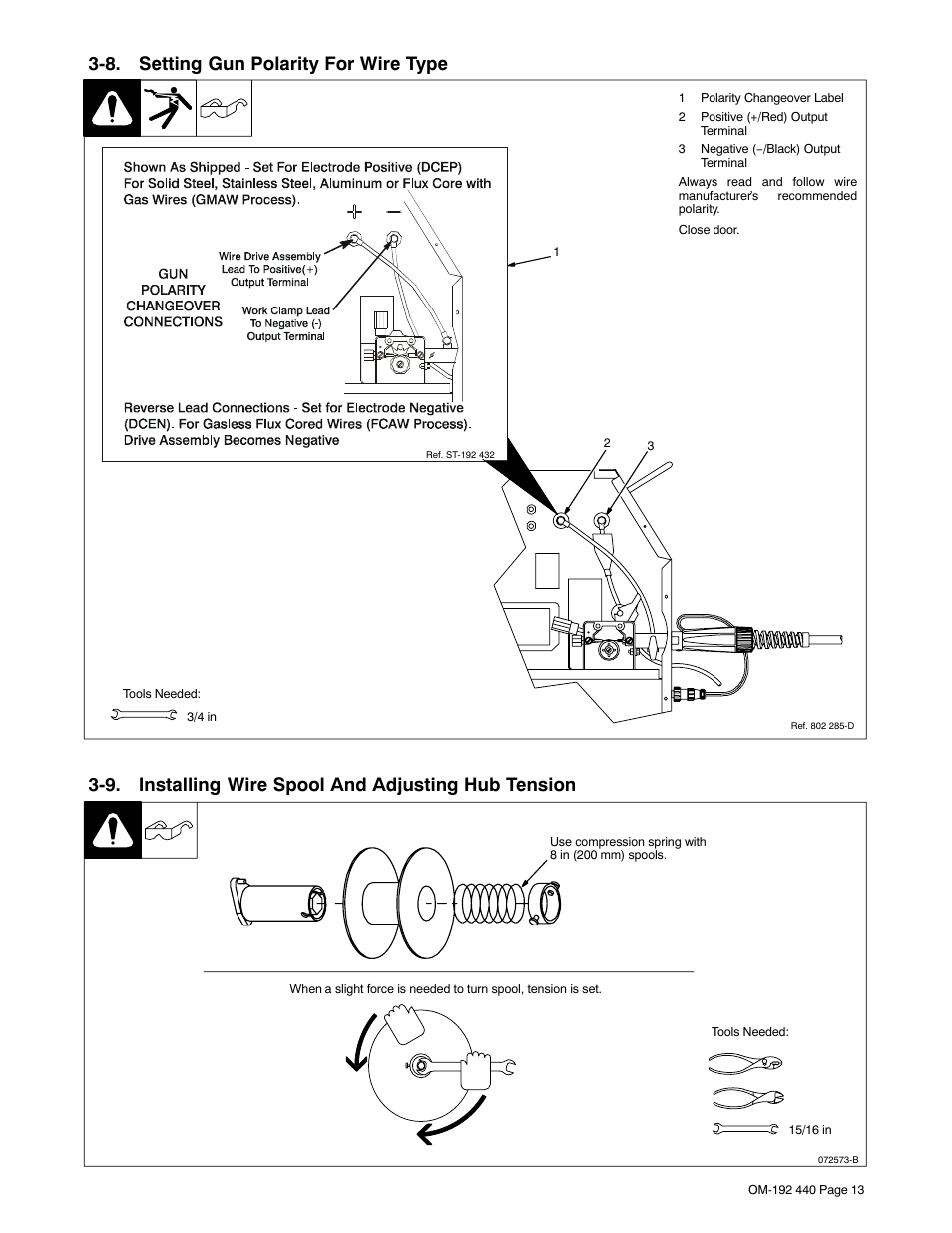 8. setting gun polarity for wire type, 9. installing wire spool and adjusting hub tension | Hobart Welding Products IRONMAN 250 User Manual | Page 17 / 56