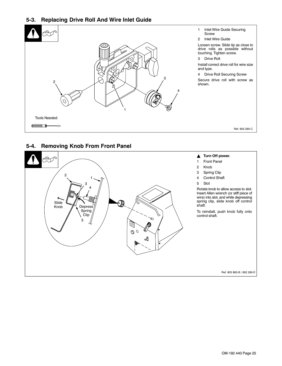 3. replacing drive roll and wire inlet guide, 4. removing knob from front panel | Hobart Welding Products IRONMAN 250 User Manual | Page 29 / 56