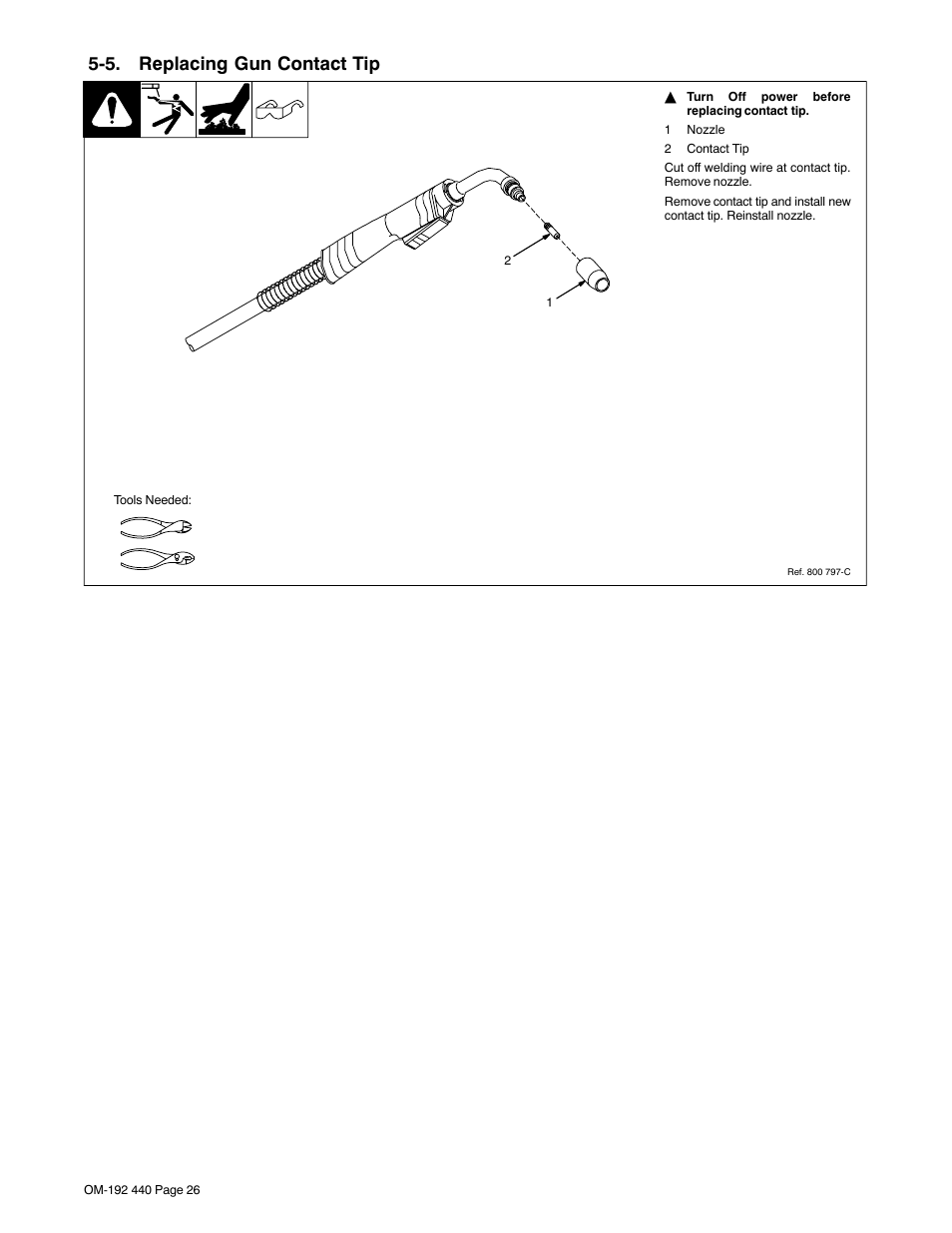 5. replacing gun contact tip | Hobart Welding Products IRONMAN 250 User Manual | Page 30 / 56