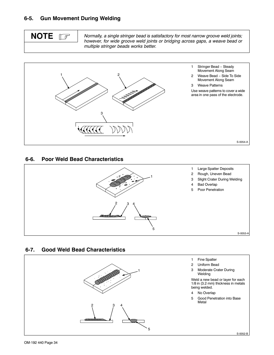 5. gun movement during welding, 6. poor weld bead characteristics, 7. good weld bead characteristics | Hobart Welding Products IRONMAN 250 User Manual | Page 38 / 56