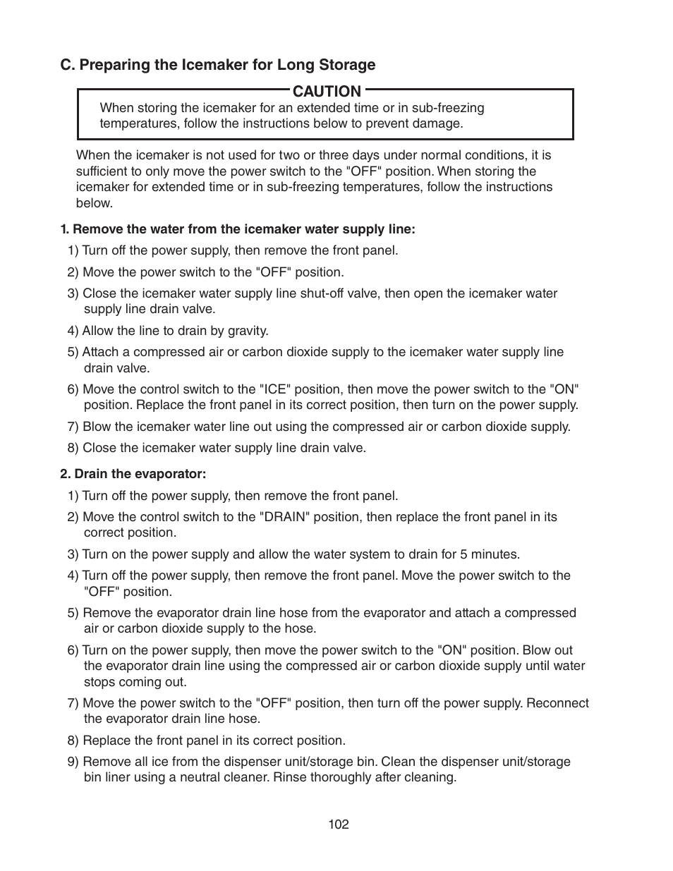 C. preparing the icemaker for long storage | Hoshizaki FD-1001MWH(-C)  EN User Manual | Page 102 / 103