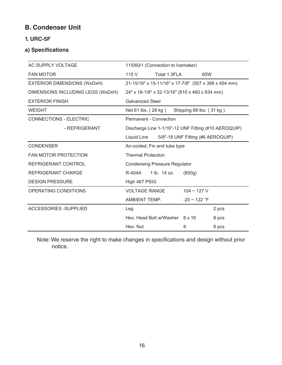 B. condenser unit, Urc-5f | Hoshizaki FD-1001MWH(-C)  EN User Manual | Page 16 / 103