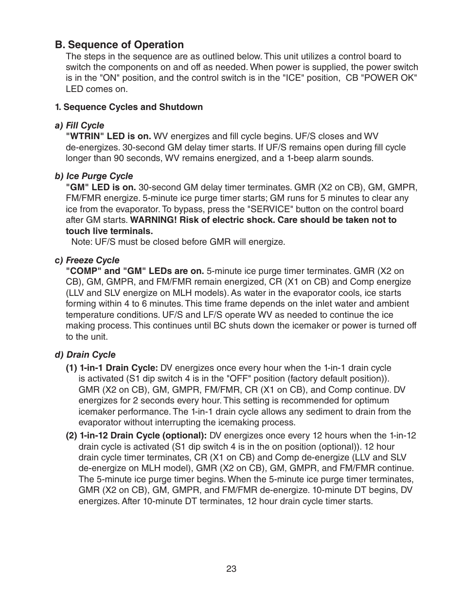 B. sequence of operation, Sequence cycles and shutdown, A) fill cycle | B) ice purge cycle, C) freeze cycle, D) drain cycle | Hoshizaki FD-1001MWH(-C)  EN User Manual | Page 23 / 103