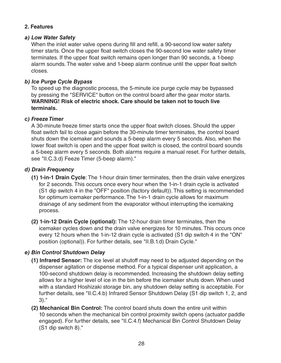 Features, A) low water safety, B) ice purge cycle bypass | C) freeze timer, D) drain frequency, E) bin control shutdown delay | Hoshizaki FD-1001MWH(-C)  EN User Manual | Page 28 / 103