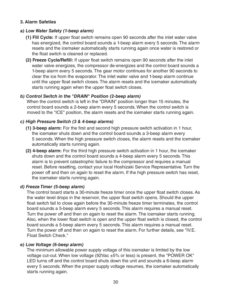 Alarm safeties, A) low water safety (1-beep alarm), C) high pressure switch (3 & 4-beep alarms) | D) freeze timer (5-beep alarm), E) low voltage (6-beep alarm) | Hoshizaki FD-1001MWH(-C)  EN User Manual | Page 30 / 103