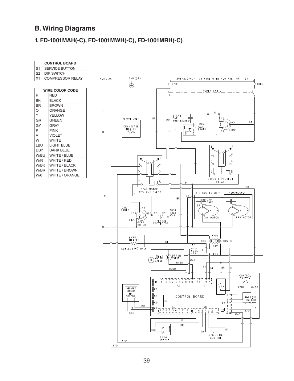 B. wiring diagrams, Fd-1001mah(-c), fd-1001mwh(-c), fd-1001mrh(-c) | Hoshizaki FD-1001MWH(-C)  EN User Manual | Page 39 / 103