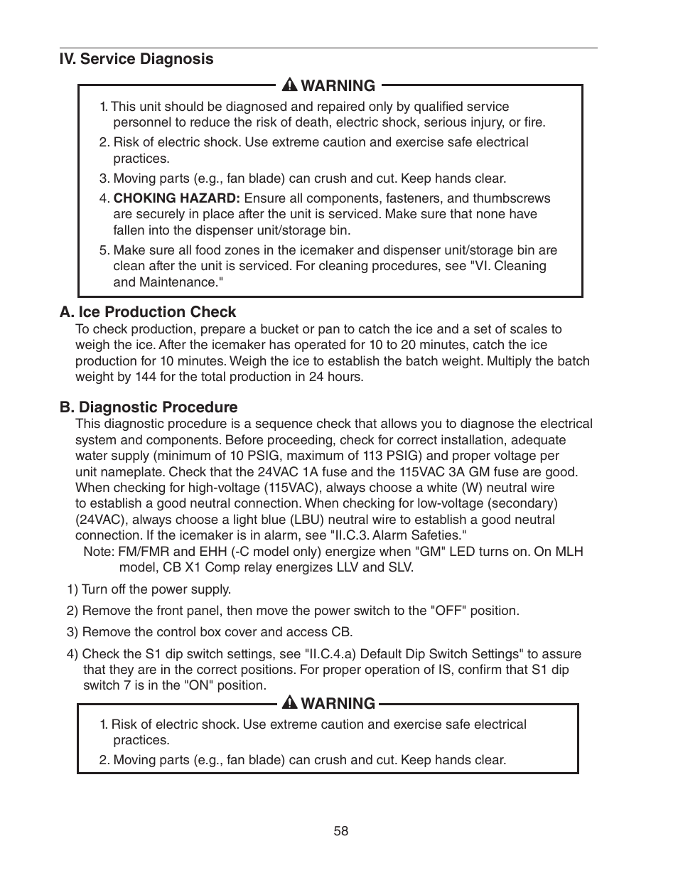 Iv. service diagnosis, A. ice production check, B. diagnostic procedure | A. ice production check b. diagnostic procedure | Hoshizaki FD-1001MWH(-C)  EN User Manual | Page 58 / 103