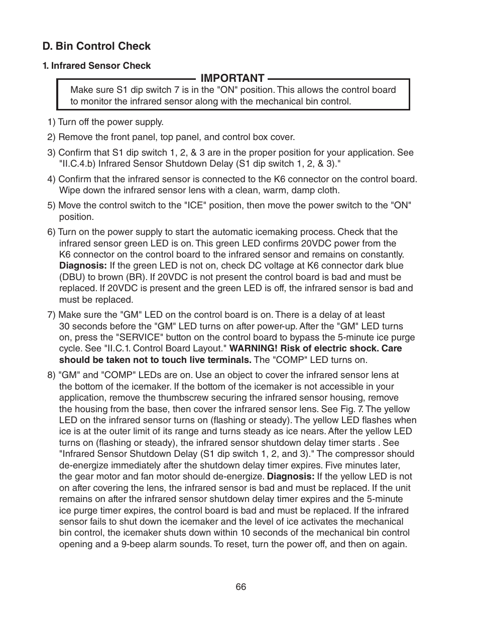 D. bin control check, Infrared sensor check | Hoshizaki FD-1001MWH(-C)  EN User Manual | Page 66 / 103