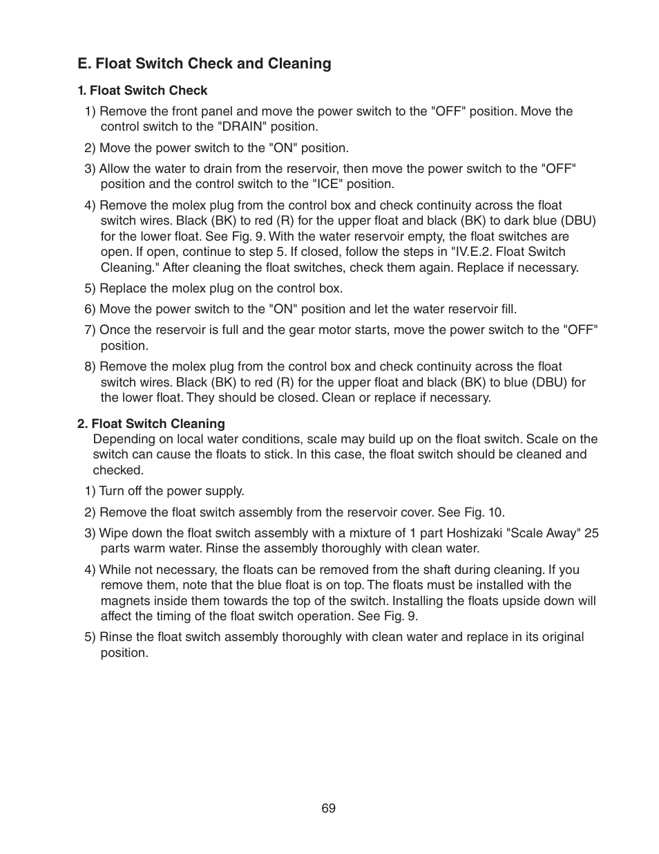 E. float switch check and cleaning, Float switch check, Float switch cleaning | Float switch check 2. float switch cleaning | Hoshizaki FD-1001MWH(-C)  EN User Manual | Page 69 / 103