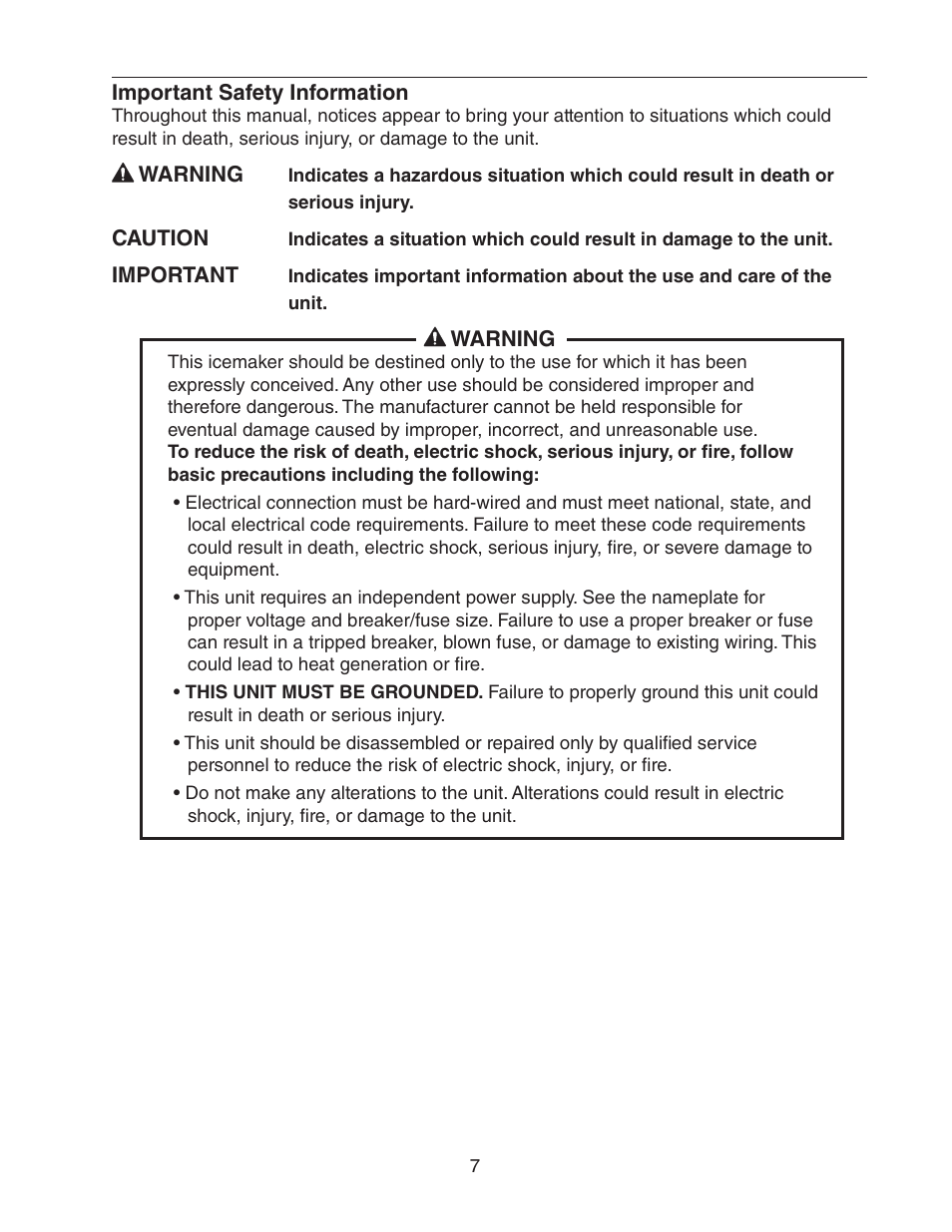 Important safety information | Hoshizaki FD-1001MWH(-C)  EN User Manual | Page 7 / 103