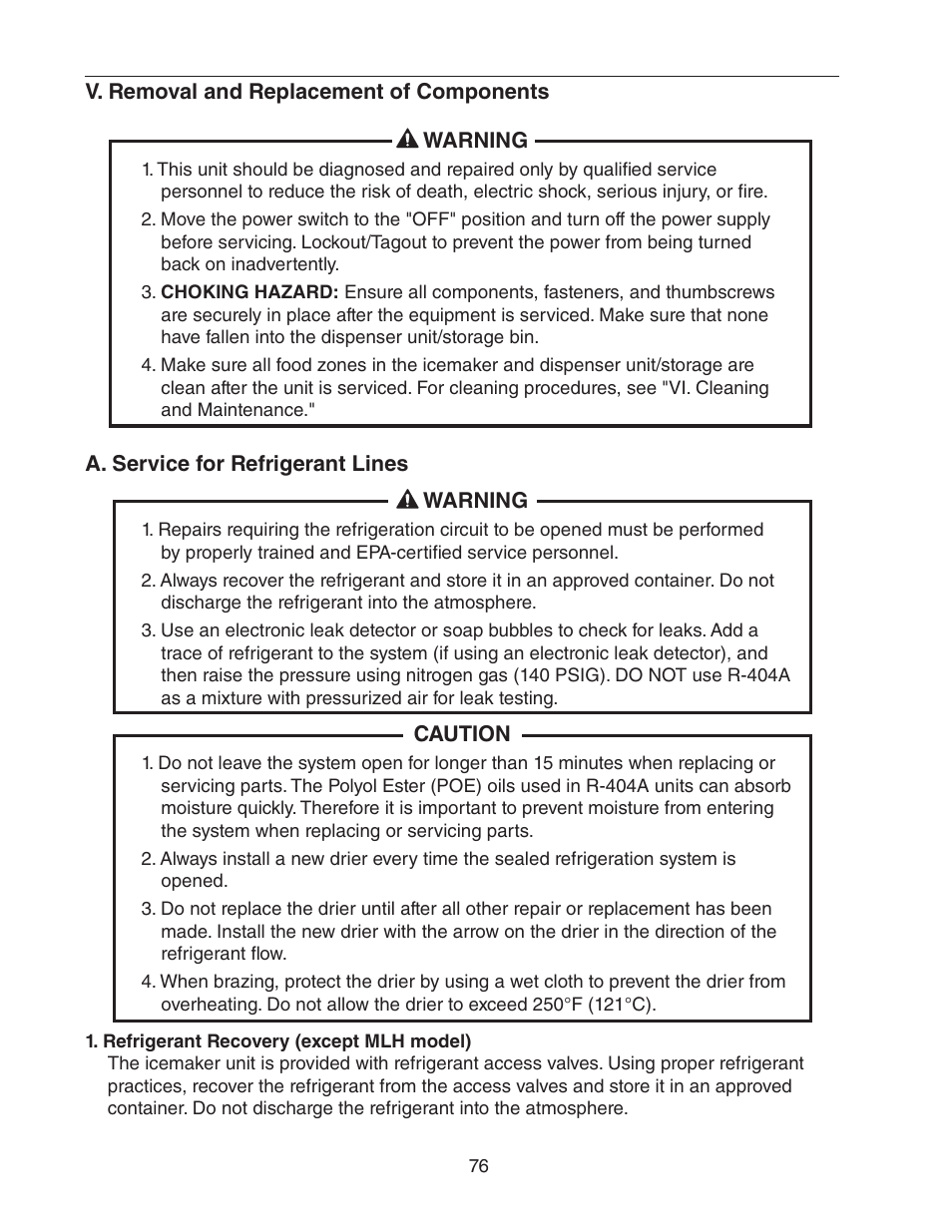 V. removal and replacement of components, A. service for refrigerant lines, Refrigerant recovery (except mlh model) | Hoshizaki FD-1001MWH(-C)  EN User Manual | Page 76 / 103