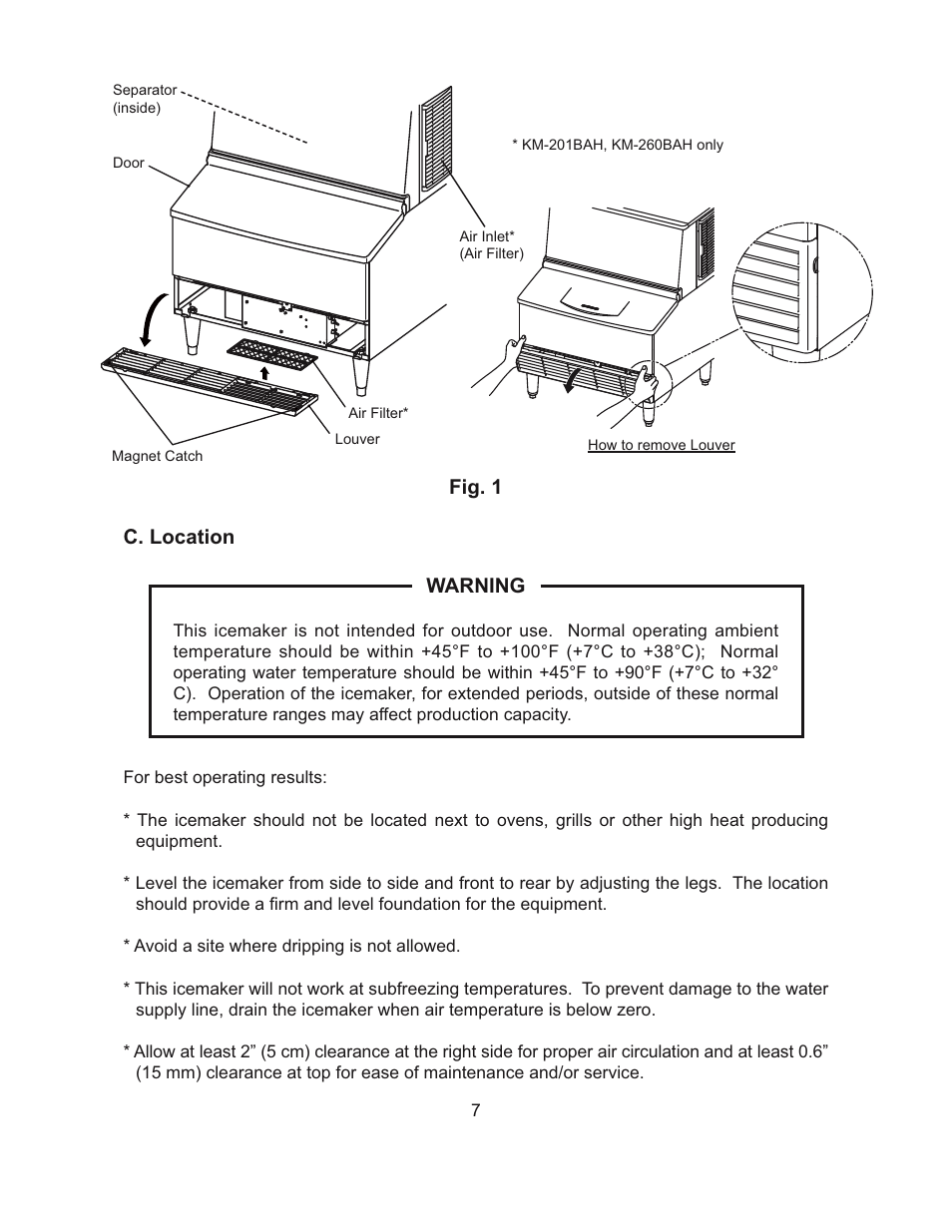 C. location warning, Fig. 1 | Hoshizaki SELF-CONTAINED CRESCENT CUBER L1F015102 User Manual | Page 10 / 22
