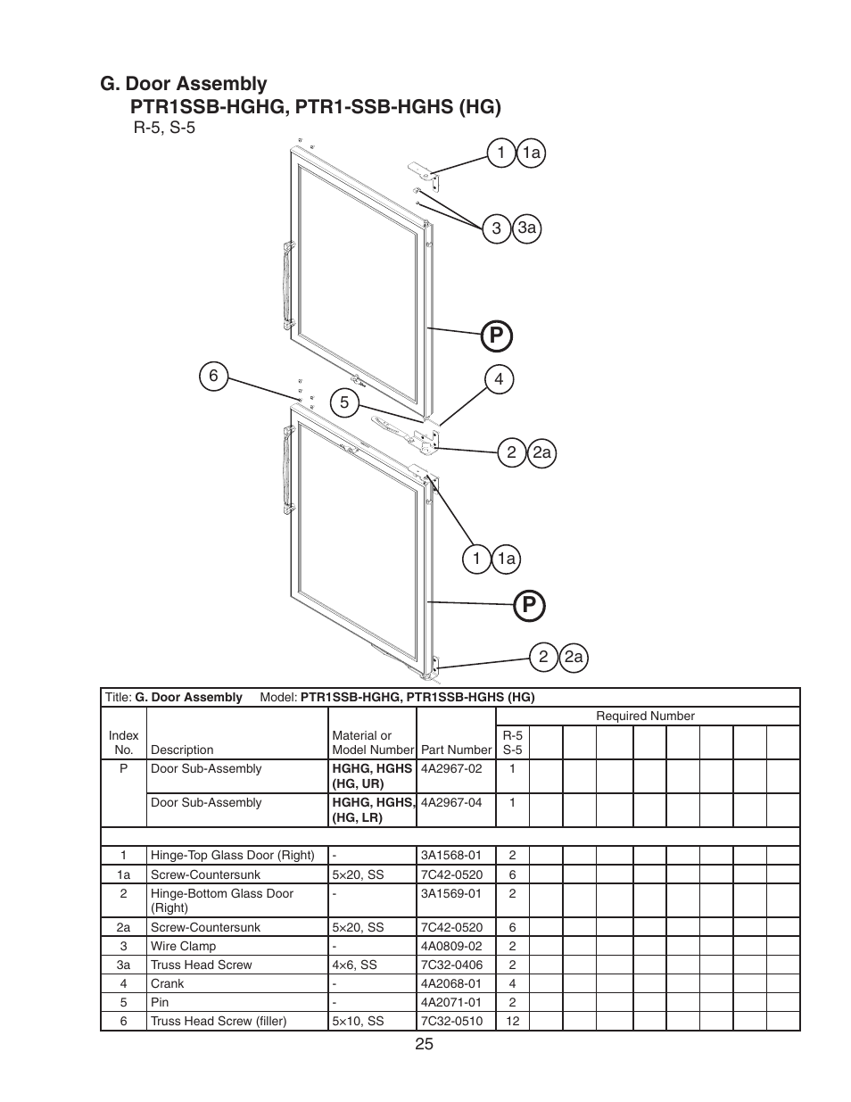 Ptr1ssb-hghg, ptr1-ssb-hghs (hg), G. door assembly ptr1ssb-hghg, ptr1-ssb-hghs (hg) | Hoshizaki PTR1SSB-FGFG User Manual | Page 25 / 47