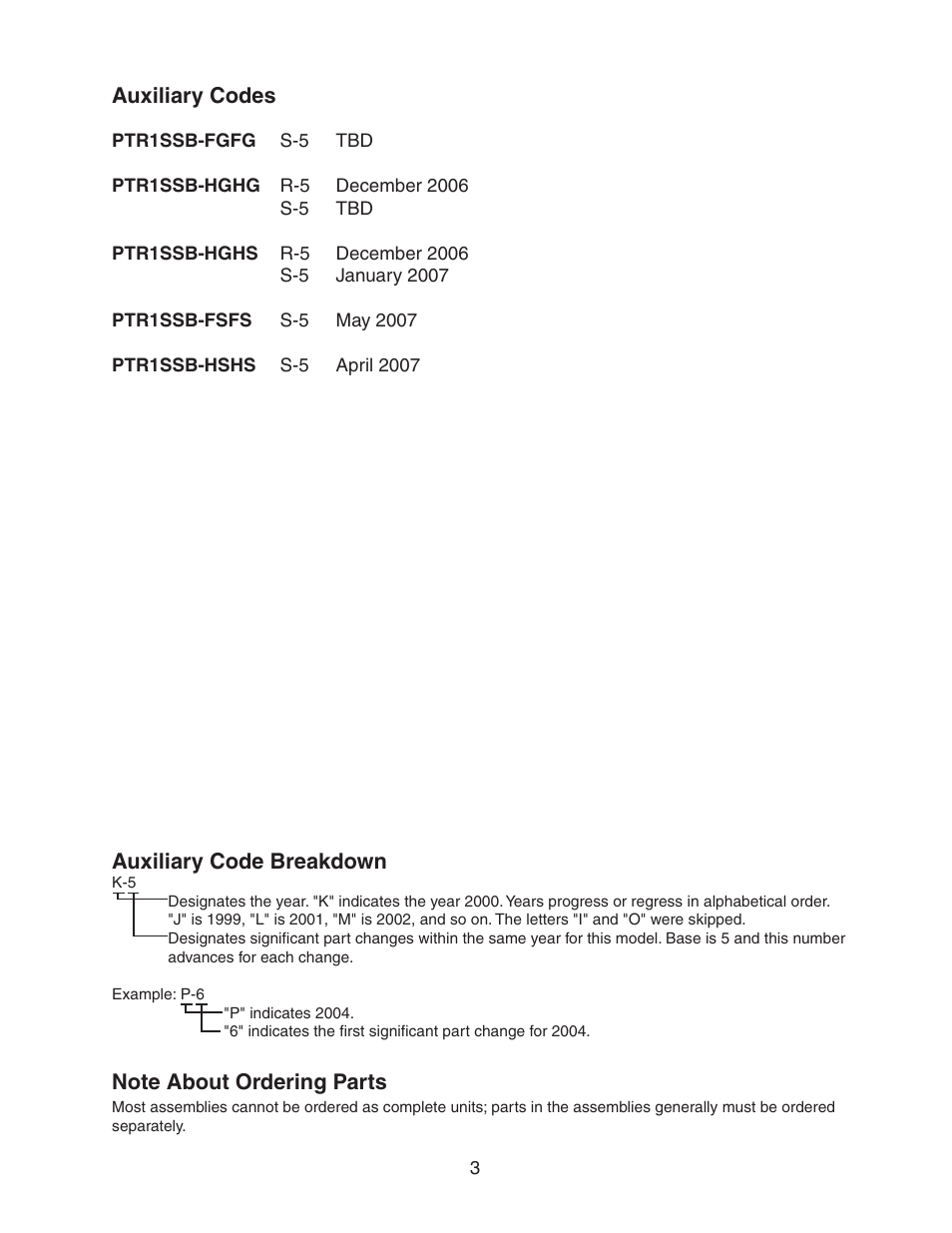 Auxiliary codes, Note about ordering parts, Auxiliary codes note about ordering parts | Auxiliary code breakdown | Hoshizaki PTR1SSB-FGFG User Manual | Page 3 / 47