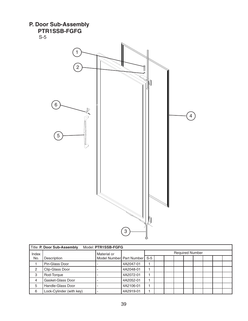 P. door sub-assembly, Ptr1ssb-fgfg, P. door sub-assembly ptr1ssb-fgfg | Hoshizaki PTR1SSB-FGFG User Manual | Page 39 / 47