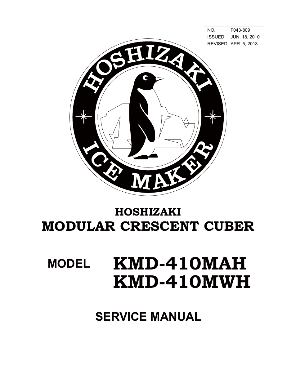 Hoshizaki F043-809 KMD-410MWH User Manual | 65 pages