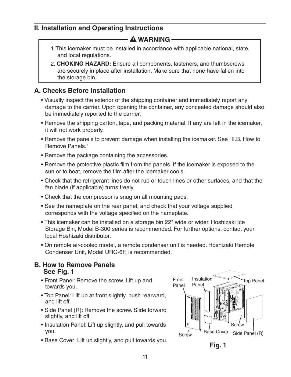 Ii. installation and operating instructions, A. checks before installation, B. how to remove panels | Hoshizaki KM-650MAH User Manual | Page 11 / 32