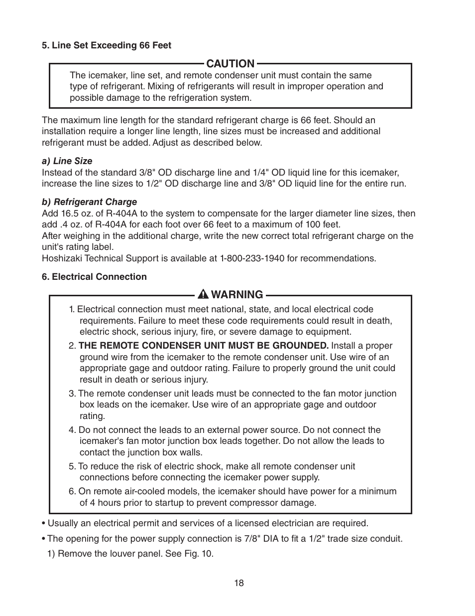 Line set exceeding 66 feet, Electrical connection | Hoshizaki KM-650MAH User Manual | Page 18 / 32