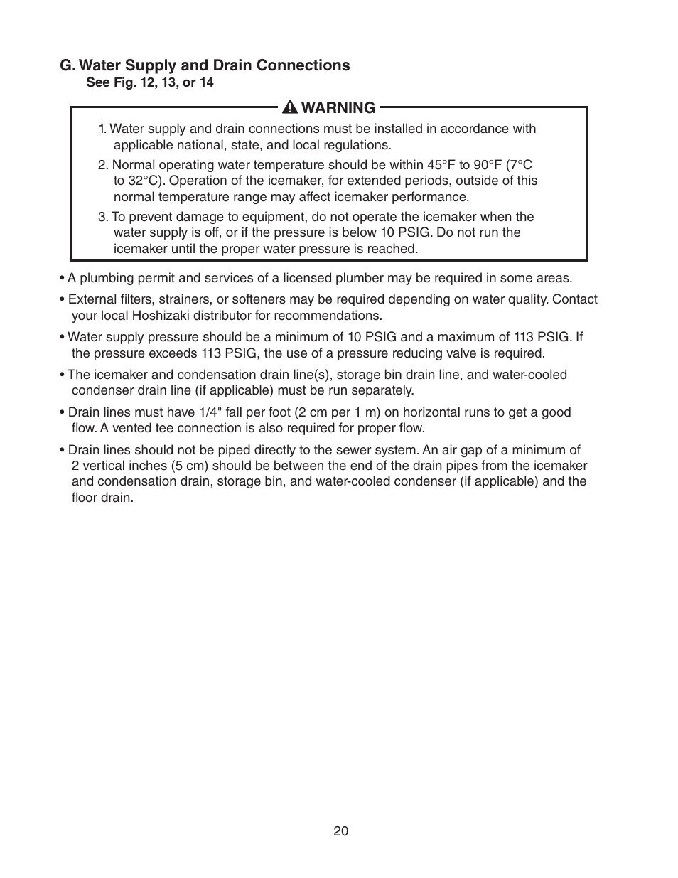 G. water supply and drain connections | Hoshizaki KM-650MAH User Manual | Page 20 / 32