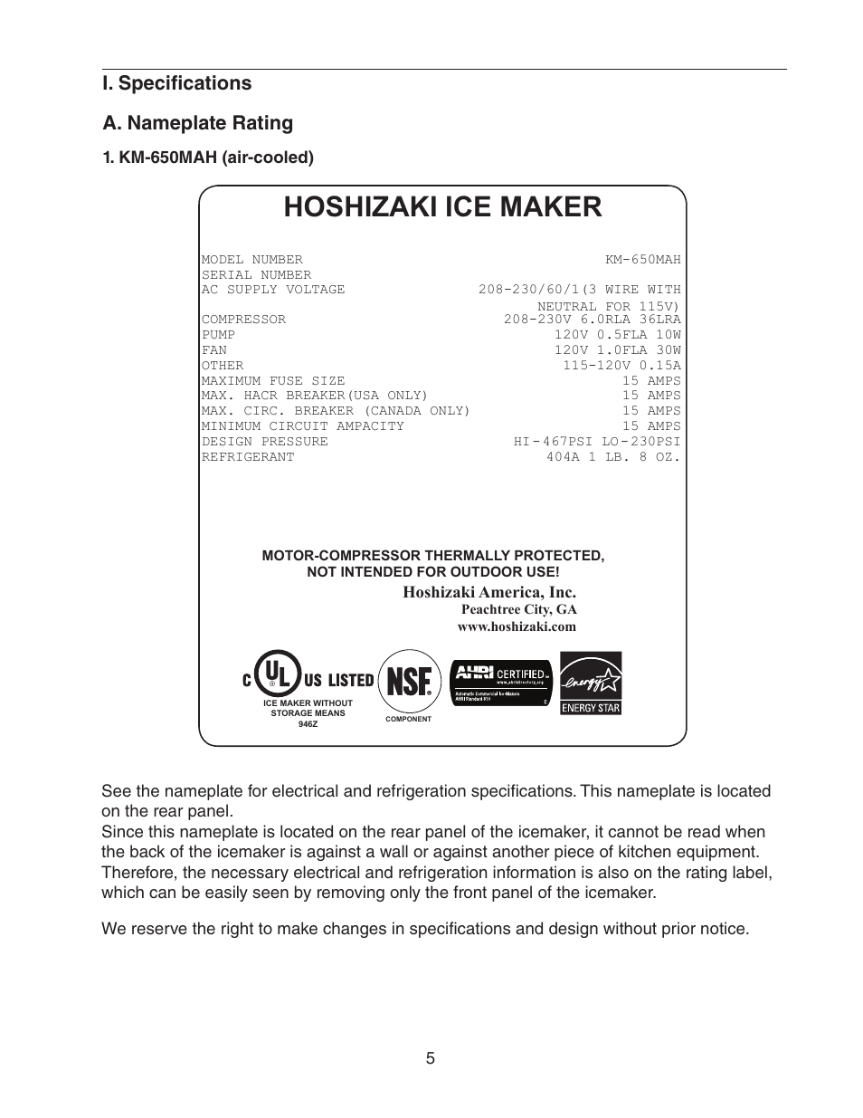 I. specifications, A. nameplate rating, Km-650mah (air-cooled) | Hoshizaki ice maker, I. specifications a. nameplate rating | Hoshizaki KM-650MAH User Manual | Page 5 / 32