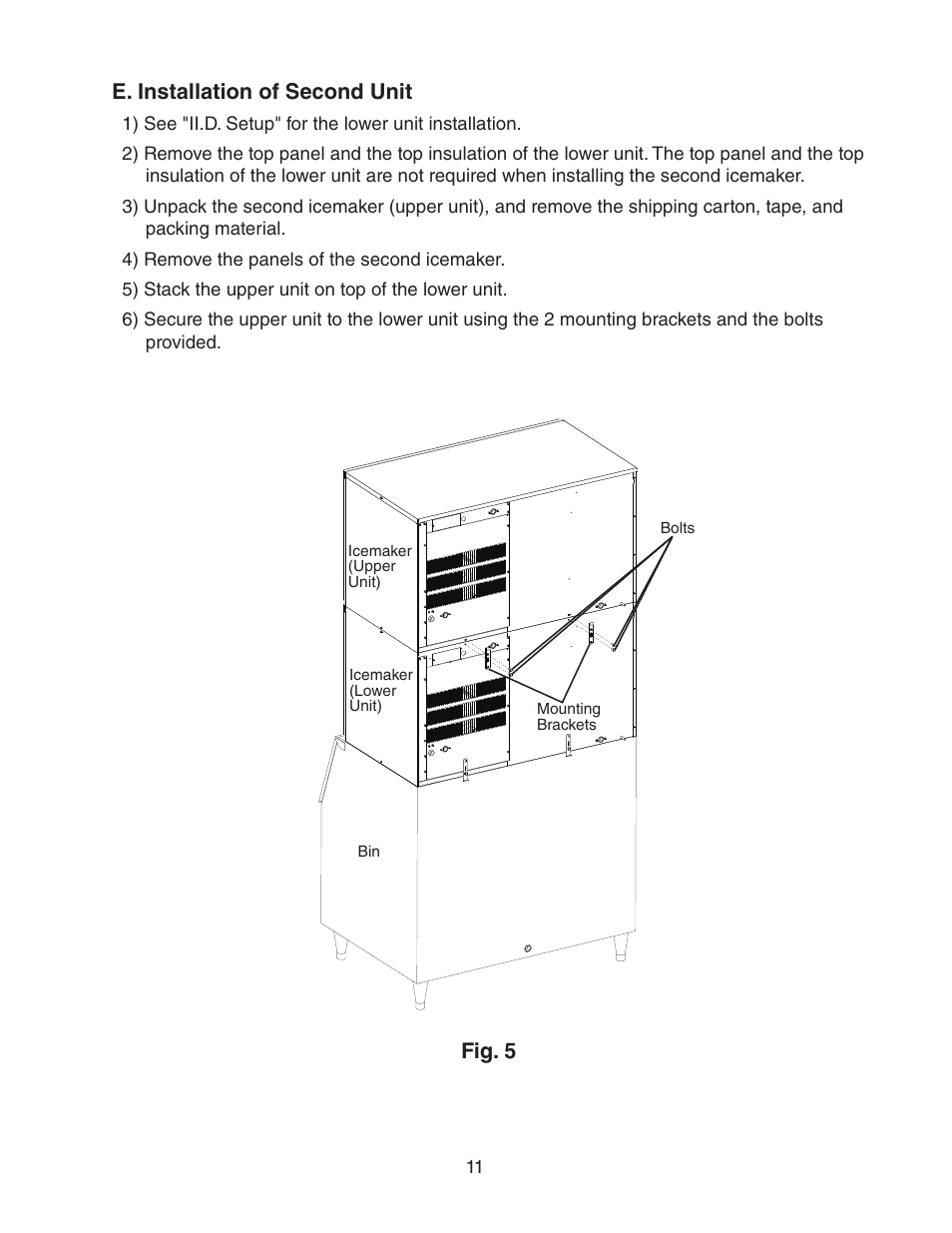 E. installation of second unit, Fig. 5 | Hoshizaki KM-1400SWH/3-M User Manual | Page 11 / 24