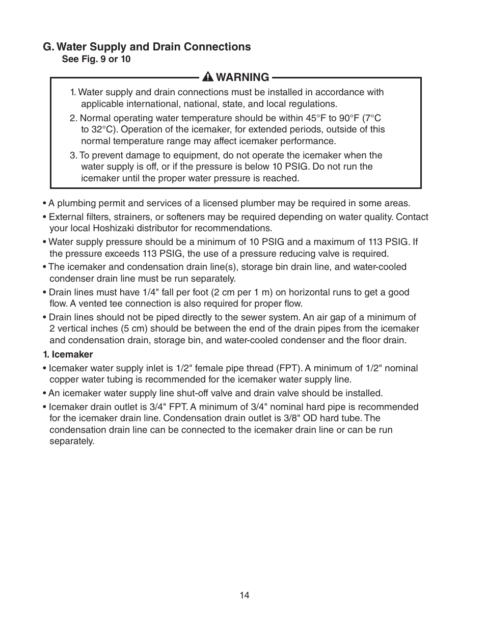 G. water supply and drain connections, Icemaker | Hoshizaki KM-1400SWH/3-M User Manual | Page 14 / 24