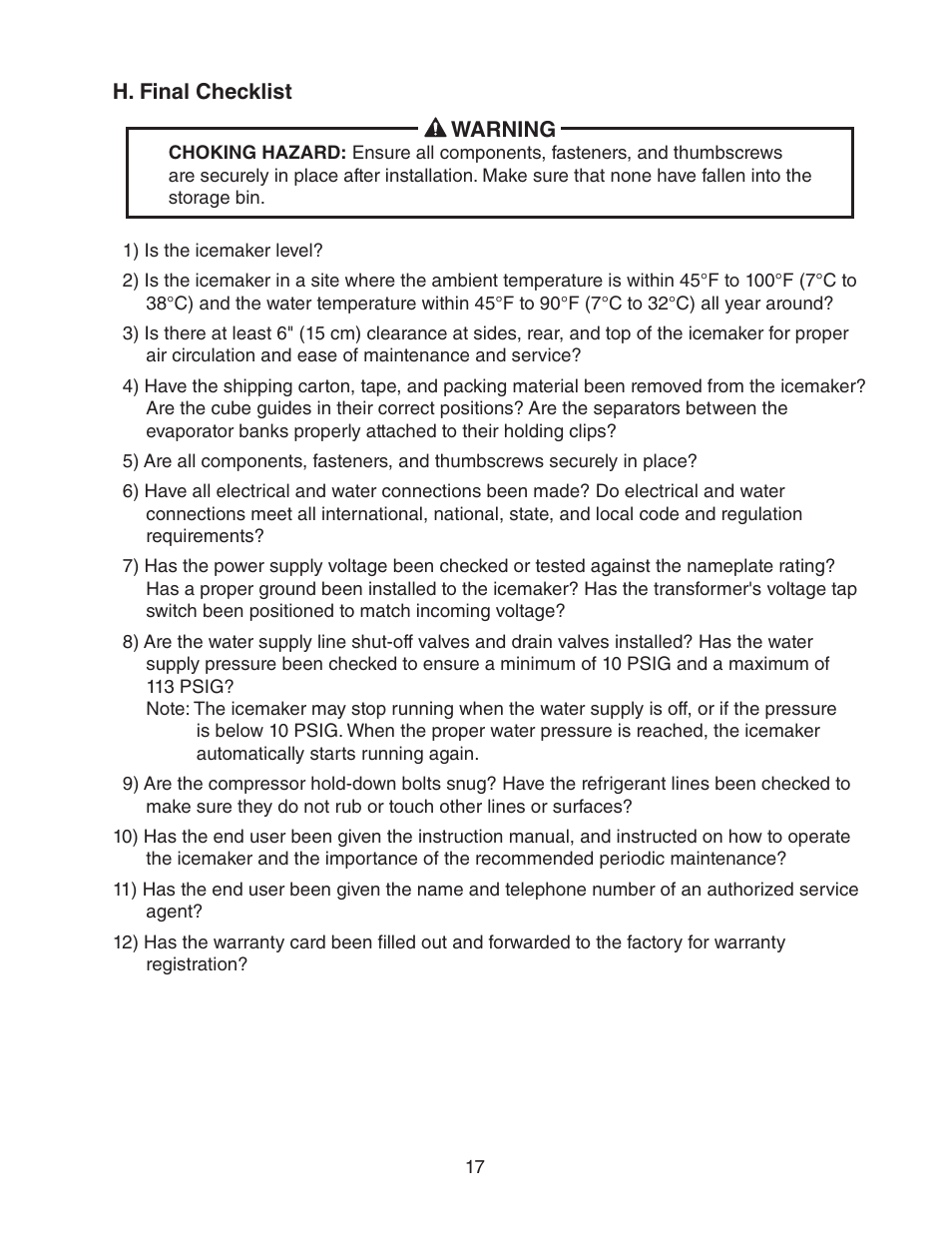 H. final checklist | Hoshizaki KM-1400SWH/3-M User Manual | Page 17 / 24