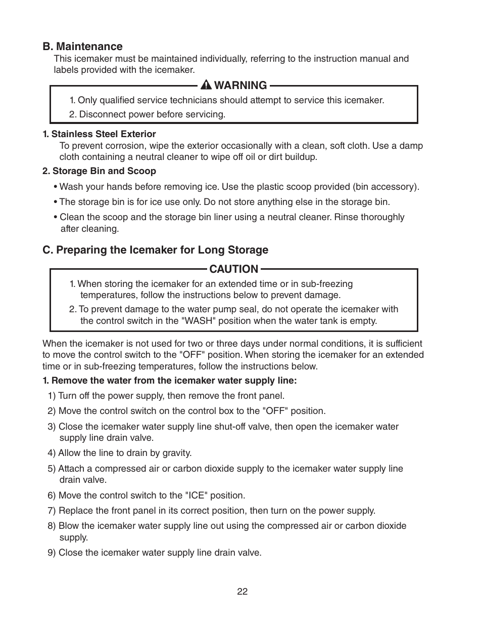 B. maintenance, C. preparing the icemaker for long storage | Hoshizaki KM-1400SWH/3-M User Manual | Page 22 / 24