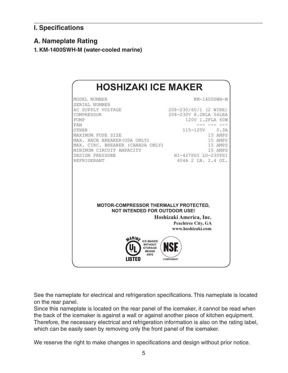 I. specifications, A. nameplate rating, Km-1400swh-m (water-cooled marine) | Hoshizaki ice maker, I. specifications a. nameplate rating | Hoshizaki KM-1400SWH/3-M User Manual | Page 5 / 24