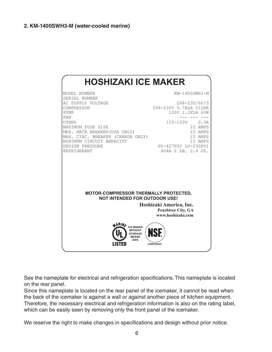 Km-1400swh3-m (water-cooled marine), Hoshizaki ice maker | Hoshizaki KM-1400SWH/3-M User Manual | Page 6 / 24