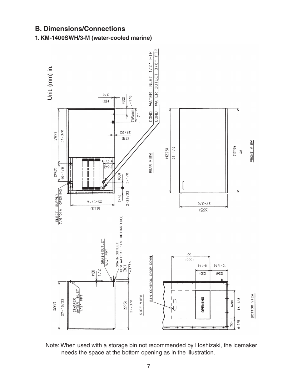 B. dimensions/connections | Hoshizaki KM-1400SWH/3-M User Manual | Page 7 / 24